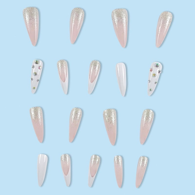 SINHOT Rhinestones Long Stiletto Fake Nails - Glossy Glue on White French Tip Acrylic Pink Almond Artificial Sparkly Glitter Stick on False Nails with Design 24 pcs - Image 5